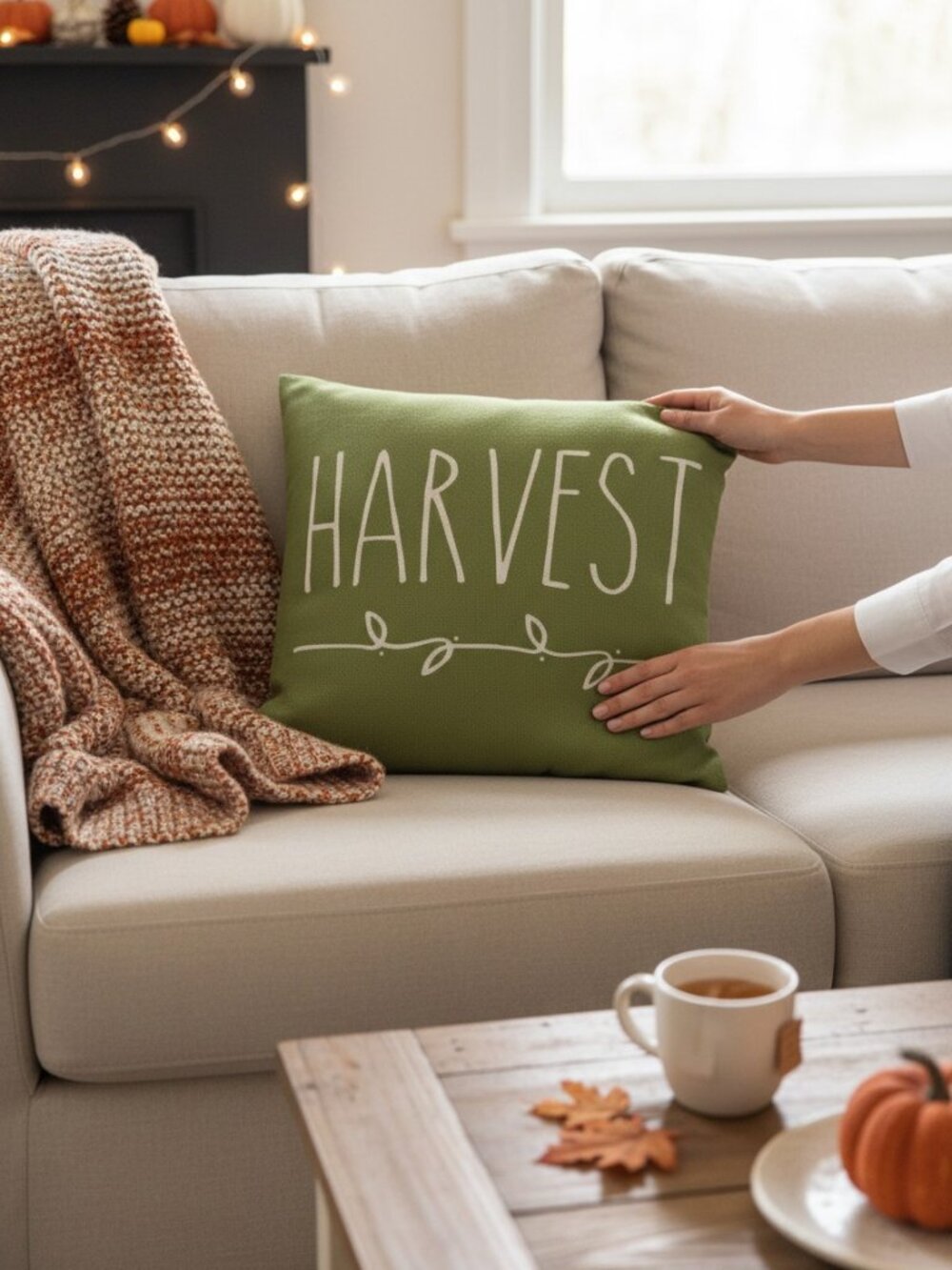 Harvest Green Fall Decorative Farmhouse Pillow Cover – 17.5" Square